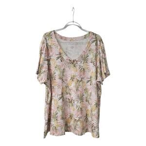 J. Jill Womens 2X Top 100% Pima Cotton Slub-Knit V-Neck Pineapple Tropical S/S